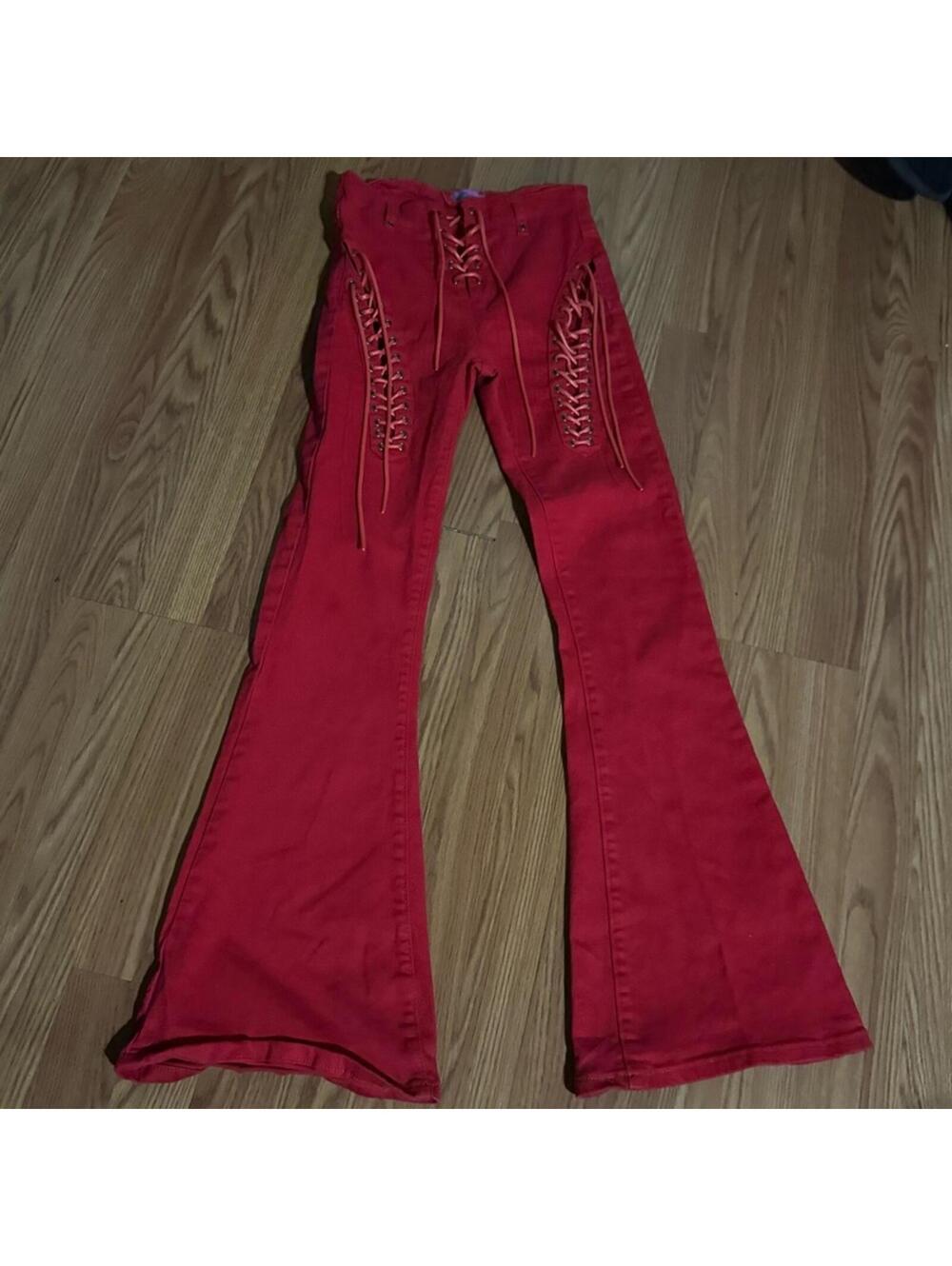 Edikted Scarlet Red Lace-Up Flare Pants Punk Rock Western Goth Y2k Grunge